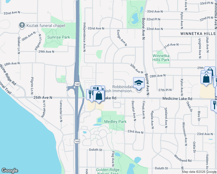 map of restaurants, bars, coffee shops, grocery stores, and more near 2801 Flag Avenue North in Minneapolis