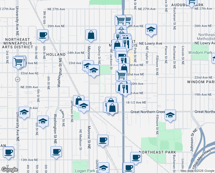 map of restaurants, bars, coffee shops, grocery stores, and more near 903 20th Avenue Northeast in Minneapolis