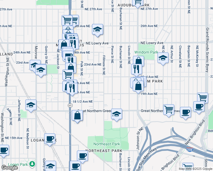 map of restaurants, bars, coffee shops, grocery stores, and more near 1931 Northeast Fillmore Street in Minneapolis