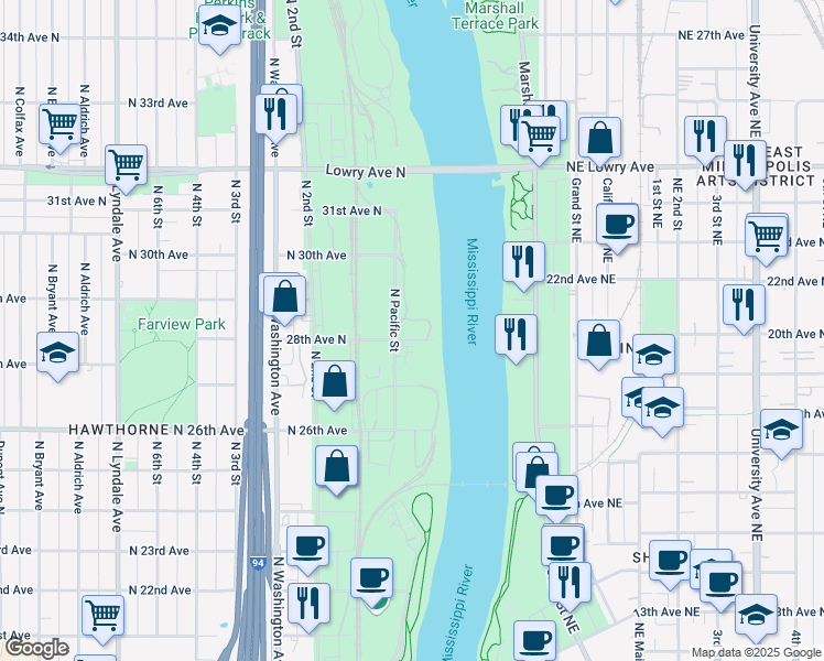 map of restaurants, bars, coffee shops, grocery stores, and more near 2 28th Avenue North in Minneapolis