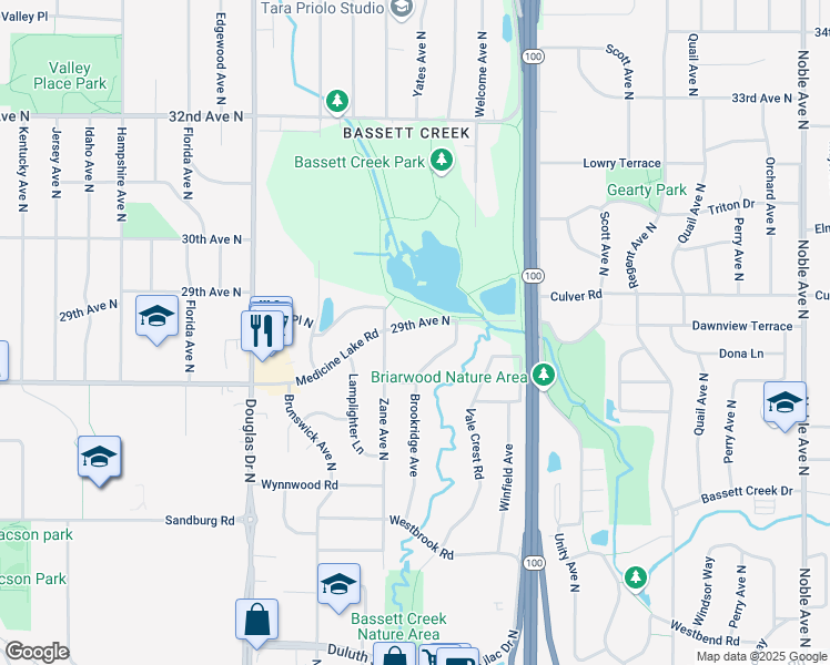 map of restaurants, bars, coffee shops, grocery stores, and more near 5801 Medicine Lake Road in Crystal