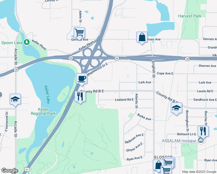 map of restaurants, bars, coffee shops, grocery stores, and more near 1143 County Road B East in Saint Paul