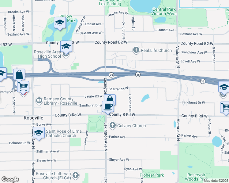 map of restaurants, bars, coffee shops, grocery stores, and more near 1075 Sherren Street West in Roseville