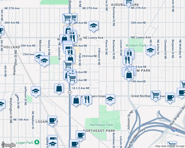 map of restaurants, bars, coffee shops, grocery stores, and more near 1115 20th Avenue Northeast in Minneapolis