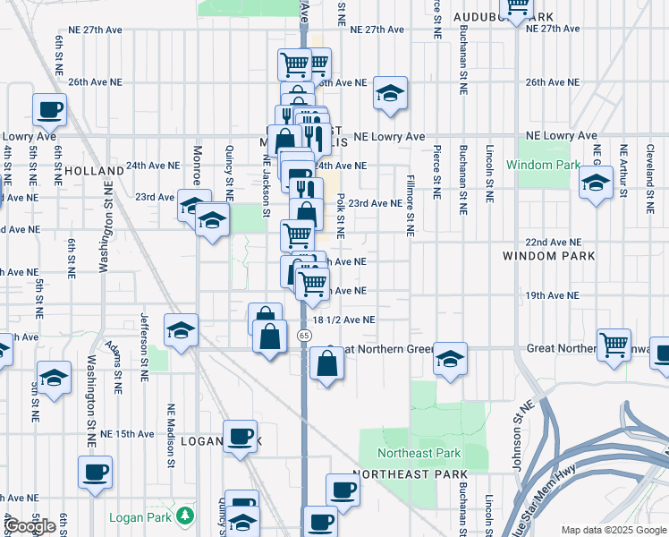 map of restaurants, bars, coffee shops, grocery stores, and more near 957 20th Avenue Northeast in Minneapolis