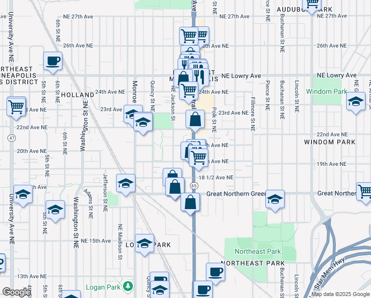 map of restaurants, bars, coffee shops, grocery stores, and more near 2000 Central Avenue Northeast in Minneapolis