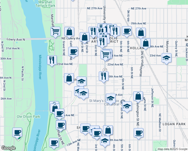 map of restaurants, bars, coffee shops, grocery stores, and more near 2015 Northeast 2nd Street in Minneapolis