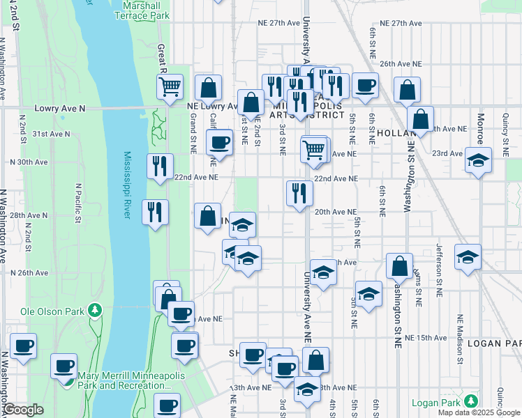 map of restaurants, bars, coffee shops, grocery stores, and more near 2015 Northeast 2nd Street in Minneapolis