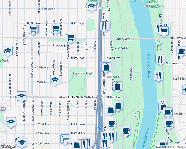 map of restaurants, bars, coffee shops, grocery stores, and more near 2815 North 3rd Street in Minneapolis