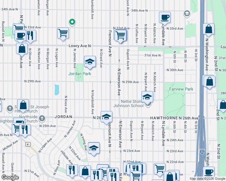 map of restaurants, bars, coffee shops, grocery stores, and more near 2810 North Fremont Avenue in Minneapolis