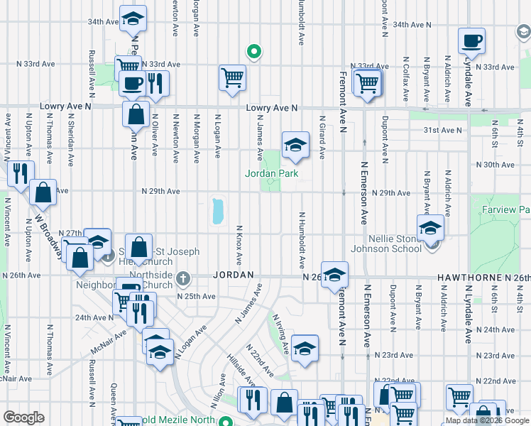 map of restaurants, bars, coffee shops, grocery stores, and more near 2814 North James Avenue in Minneapolis