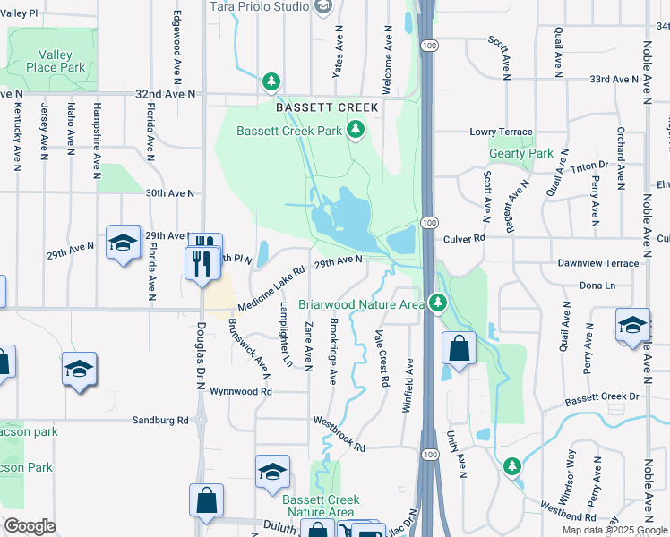 map of restaurants, bars, coffee shops, grocery stores, and more near 5801 Medicine Lake Road in Crystal