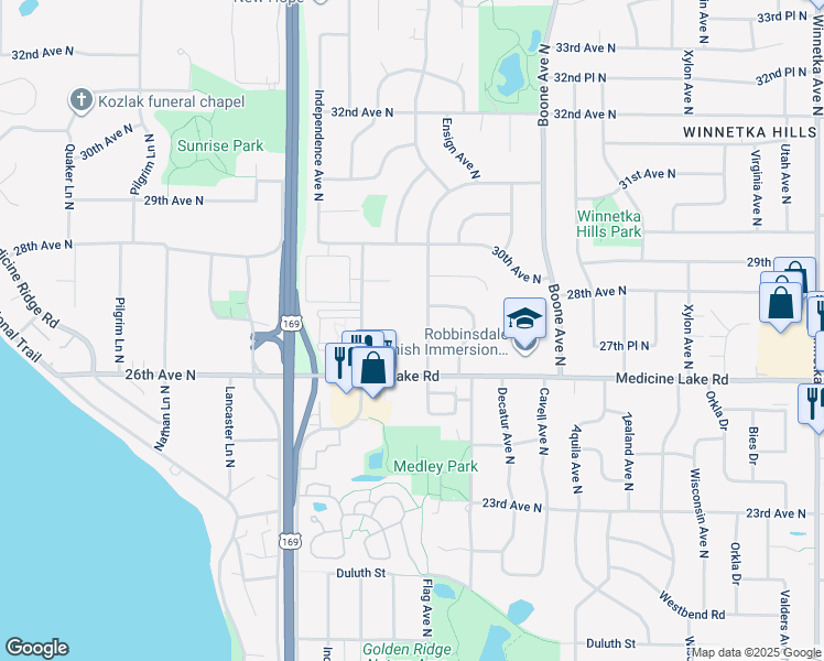 map of restaurants, bars, coffee shops, grocery stores, and more near 2801 Flag Avenue North in Minneapolis