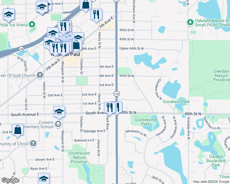 map of restaurants, bars, coffee shops, grocery stores, and more near 2736 3rd Avenue East in North Saint Paul