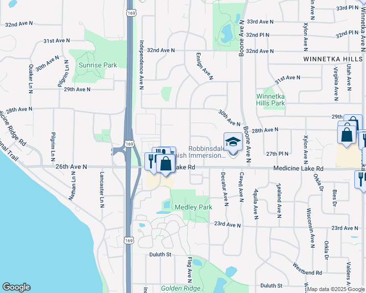 map of restaurants, bars, coffee shops, grocery stores, and more near 2801 Flag Avenue North in Minneapolis