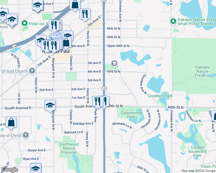 map of restaurants, bars, coffee shops, grocery stores, and more near 4131 Geneva Avenue North in North Saint Paul