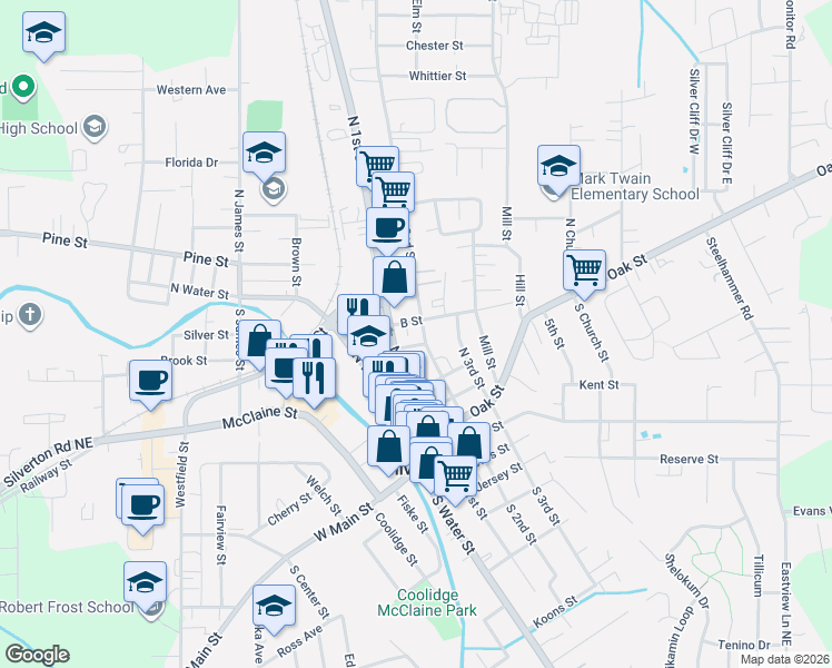 map of restaurants, bars, coffee shops, grocery stores, and more near 507 North 2nd Street in Silverton