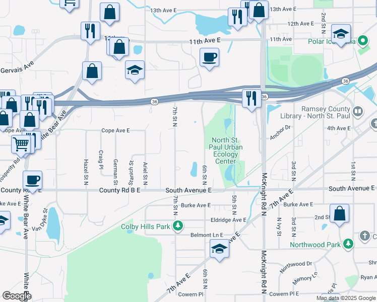 map of restaurants, bars, coffee shops, grocery stores, and more near 2242 7th Street North in North Saint Paul