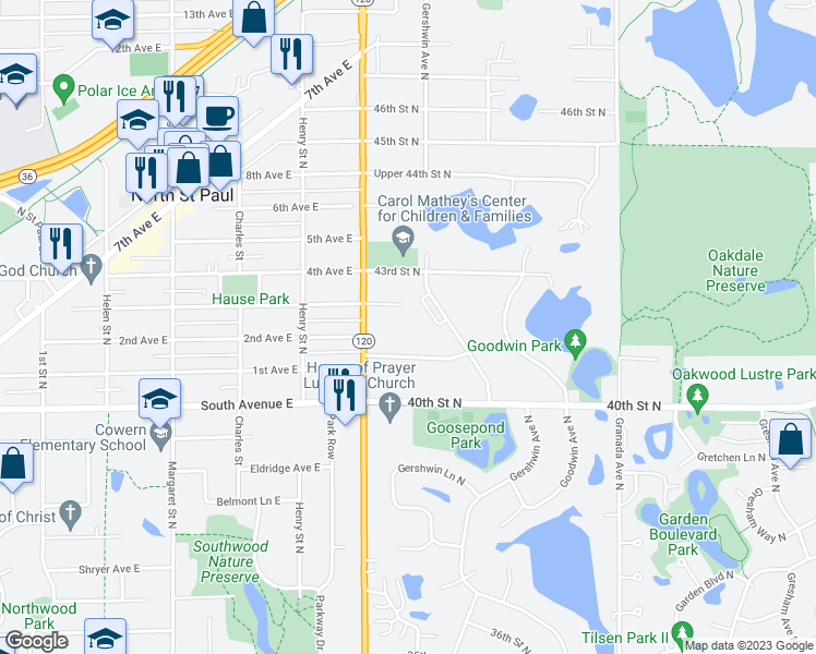 map of restaurants, bars, coffee shops, grocery stores, and more near 4131 Geneva Avenue North in North Saint Paul