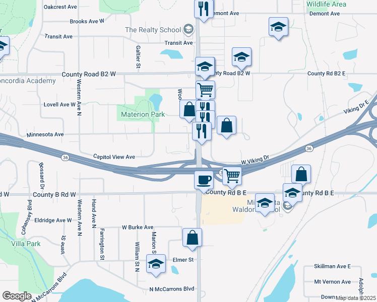map of restaurants, bars, coffee shops, grocery stores, and more near 2257 Rice Street in Roseville