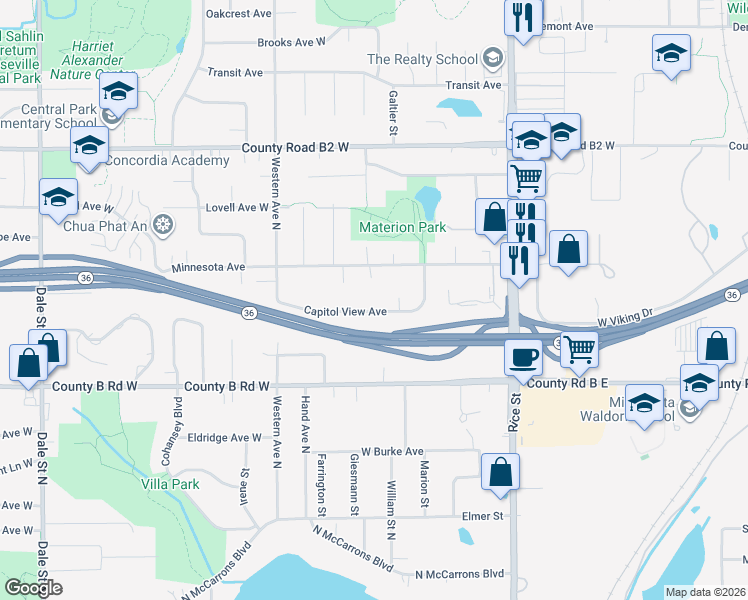 map of restaurants, bars, coffee shops, grocery stores, and more near 299 Capitol View Avenue in Saint Paul