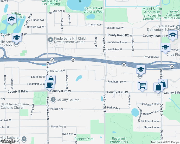 map of restaurants, bars, coffee shops, grocery stores, and more near 2241 North Milton Street in Roseville