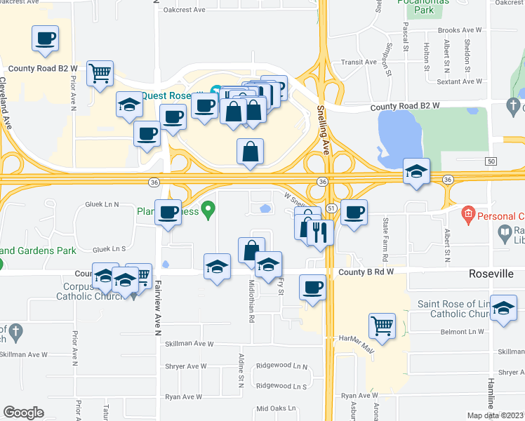 map of restaurants, bars, coffee shops, grocery stores, and more near 1630 South Highway 36 Service Drive in Roseville