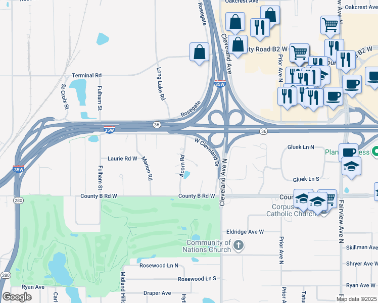 map of restaurants, bars, coffee shops, grocery stores, and more near 2265 Acorn Road in Roseville