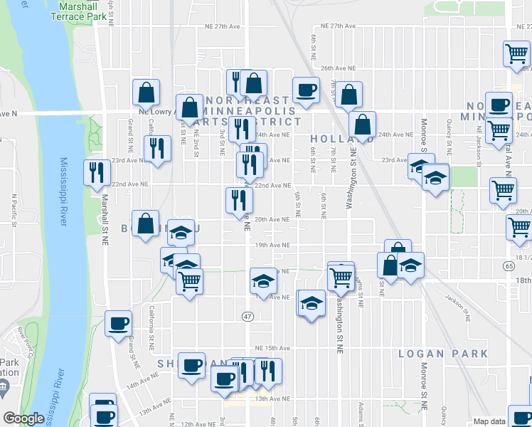 map of restaurants, bars, coffee shops, grocery stores, and more near 2015 University Avenue Northeast in Minneapolis