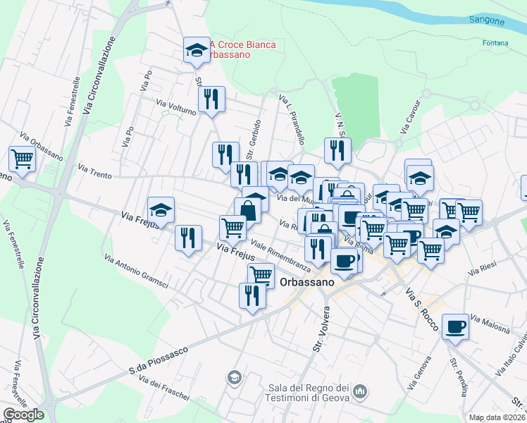 map of restaurants, bars, coffee shops, grocery stores, and more near 36 Via Rivoli in Orbassano
