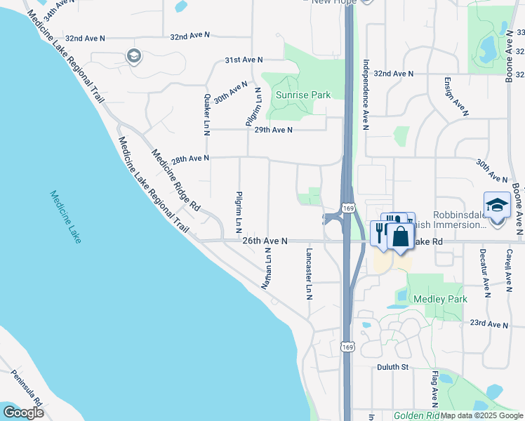 map of restaurants, bars, coffee shops, grocery stores, and more near 2645 Nathan Lane North in Plymouth