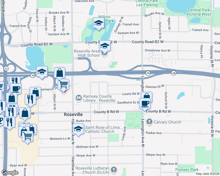 map of restaurants, bars, coffee shops, grocery stores, and more near 1210 West Sherren Street in Roseville