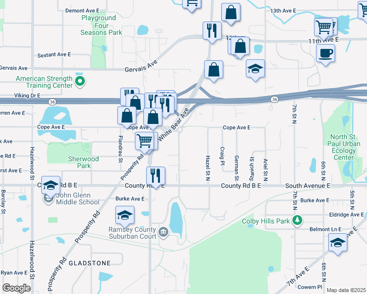 map of restaurants, bars, coffee shops, grocery stores, and more near 2242 Van Dyke Street in Saint Paul