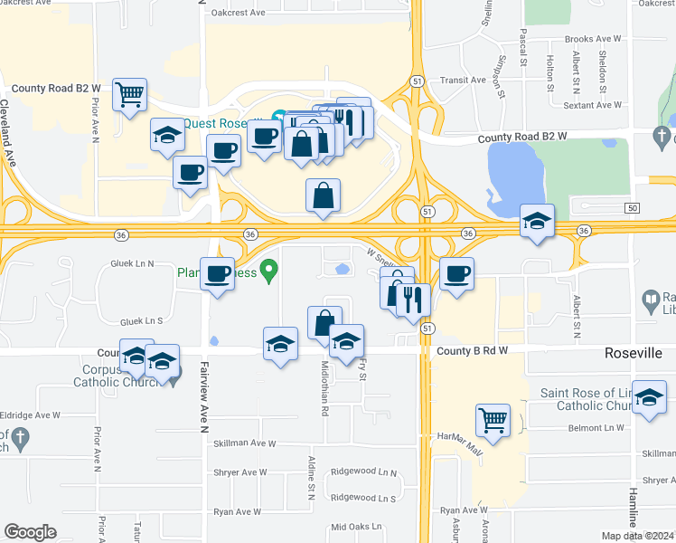 map of restaurants, bars, coffee shops, grocery stores, and more near 1620 Minnesota 36 in Roseville