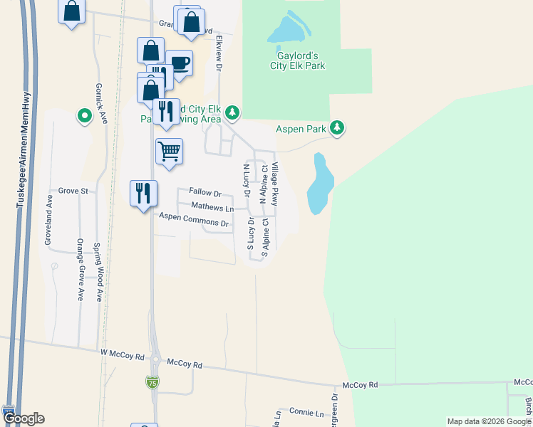 map of restaurants, bars, coffee shops, grocery stores, and more near 2 South Alpine Court in Gaylord
