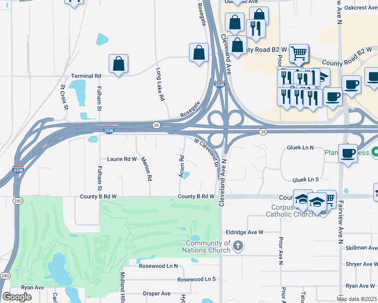 map of restaurants, bars, coffee shops, grocery stores, and more near 2265 Acorn Road in Roseville