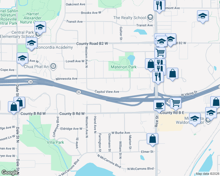 map of restaurants, bars, coffee shops, grocery stores, and more near 299 Capitol View Avenue in Saint Paul