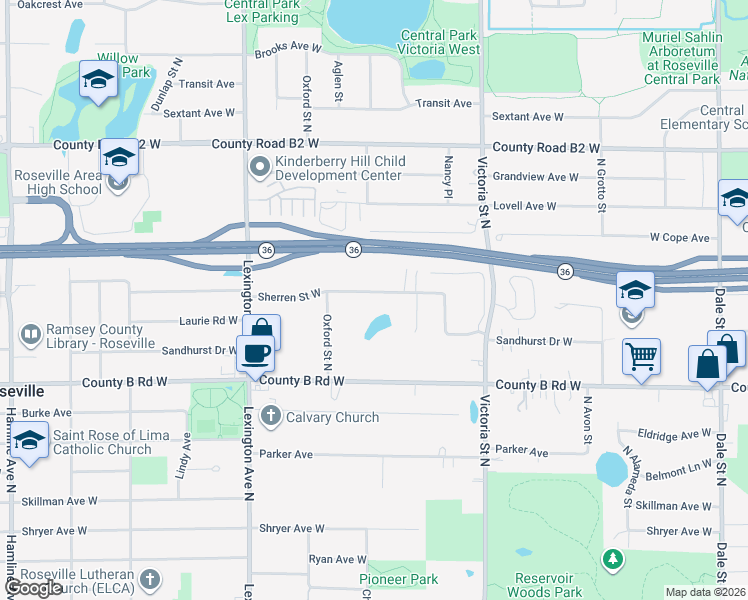 map of restaurants, bars, coffee shops, grocery stores, and more near 974 Sherren Street West in Roseville