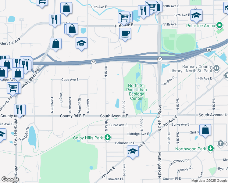 map of restaurants, bars, coffee shops, grocery stores, and more near 2242 7th Street North in North Saint Paul