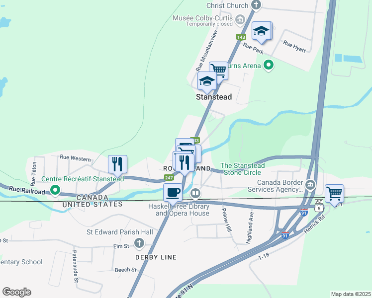 map of restaurants, bars, coffee shops, grocery stores, and more near 18-26 Rue Stevens in Stanstead