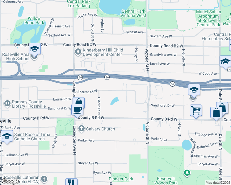 map of restaurants, bars, coffee shops, grocery stores, and more near 974 Sherren Street West in Roseville