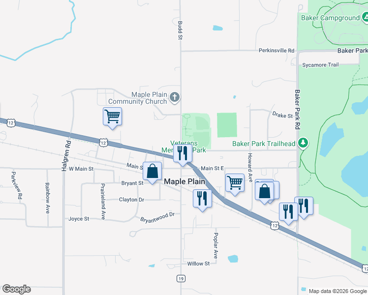map of restaurants, bars, coffee shops, grocery stores, and more near 1664 Budd Avenue North in Maple Plain