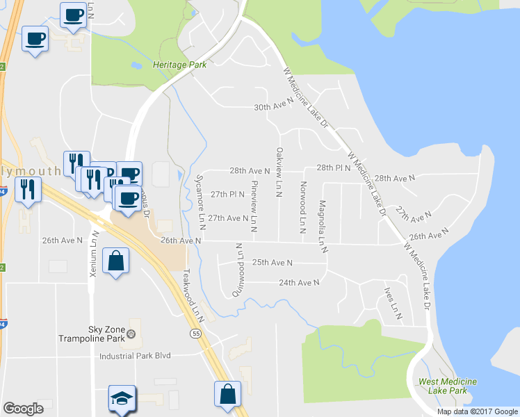 map of restaurants, bars, coffee shops, grocery stores, and more near 2700 Pineview Lane North in Plymouth