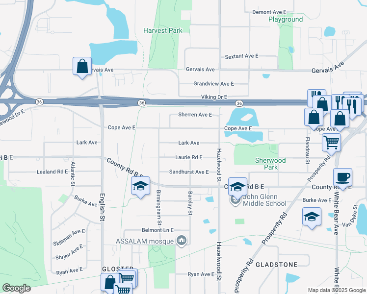map of restaurants, bars, coffee shops, grocery stores, and more near 1446 Lark Avenue in Saint Paul
