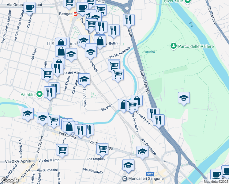 map of restaurants, bars, coffee shops, grocery stores, and more near 59 Via A. Ponchielli in Moncalieri