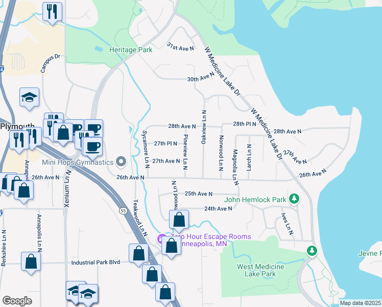 map of restaurants, bars, coffee shops, grocery stores, and more near 2700 Pineview Lane North in Plymouth