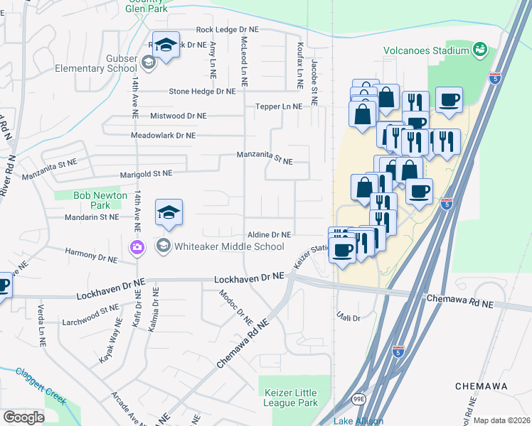 map of restaurants, bars, coffee shops, grocery stores, and more near 6051 Bingtree Court Northeast in Keizer