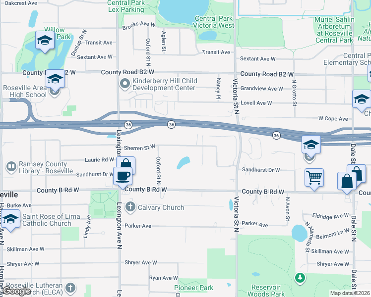 map of restaurants, bars, coffee shops, grocery stores, and more near 974 Sherren Street West in Roseville