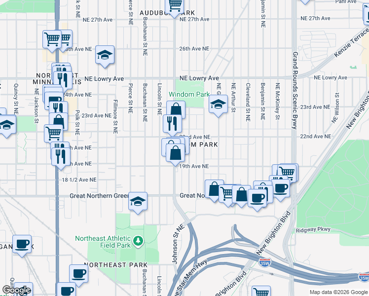 map of restaurants, bars, coffee shops, grocery stores, and more near 1939 Johnson Street Northeast in Minneapolis
