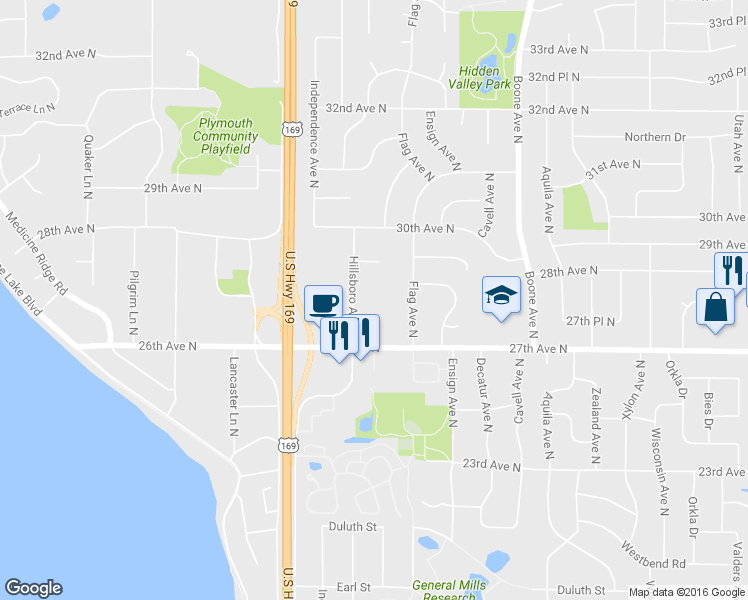 map of restaurants, bars, coffee shops, grocery stores, and more near 2800 Hillsboro Avenue North in Minneapolis